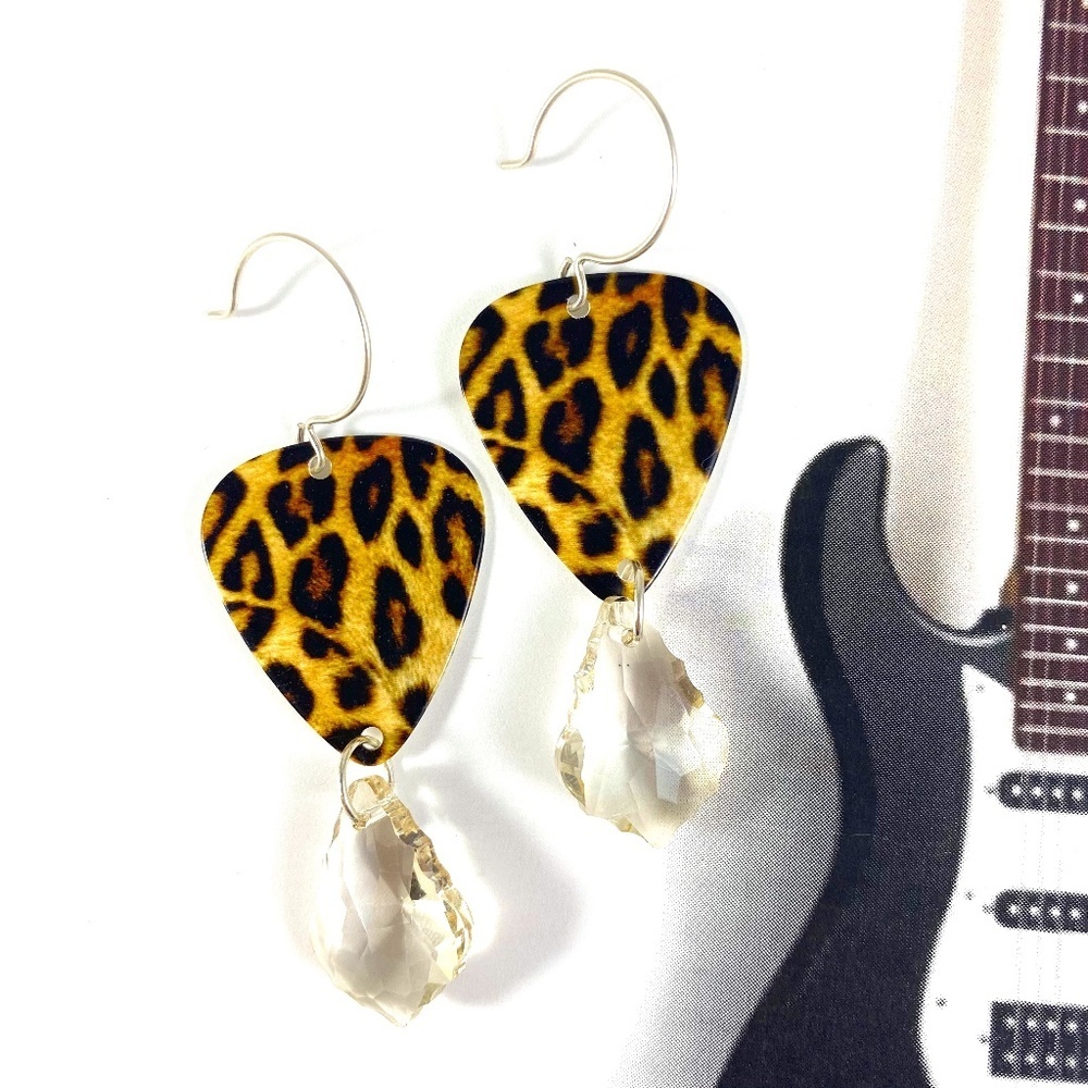 Killer cool leopard print guitar pick earrings with Champagne crystal drops